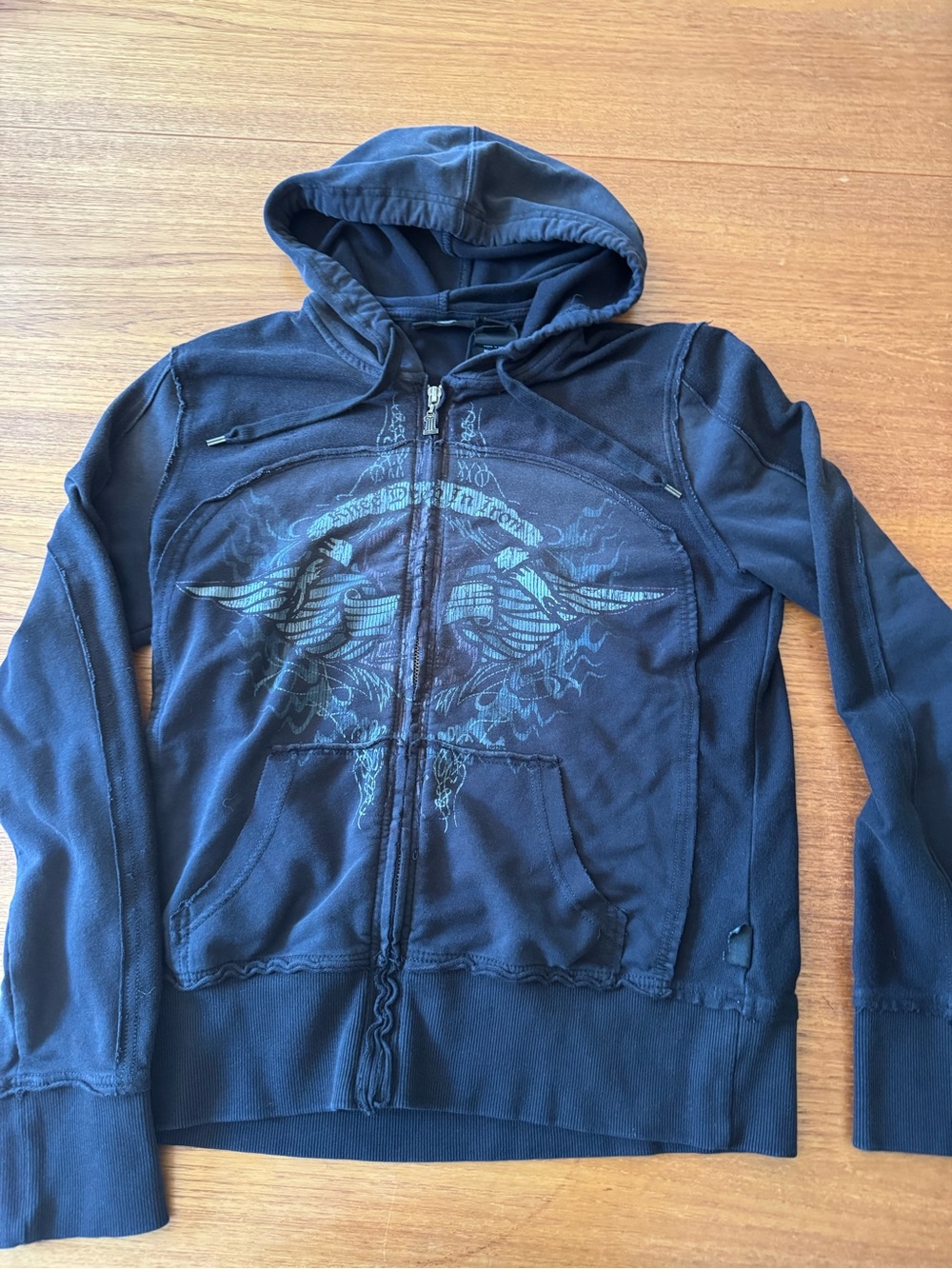 Harley-Davidson Distressed Raw Edge Winged Zip Up Hoodie Jacket Women's L